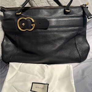 Gucci Black Pebbled Leather Tote with Gold GG Accent